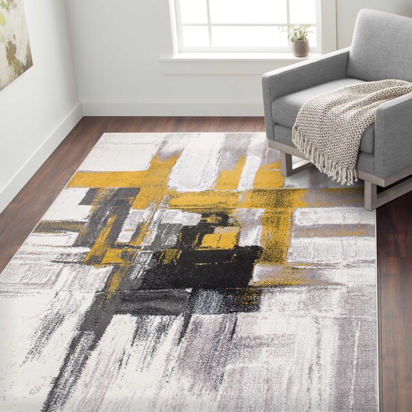 Contemporary Modern Abstract Area Rug 3'3'' X 5' Gold